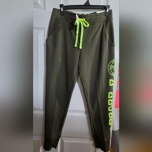 PINK Victoria's Secret Olive Joggers with Neon Yellow Details